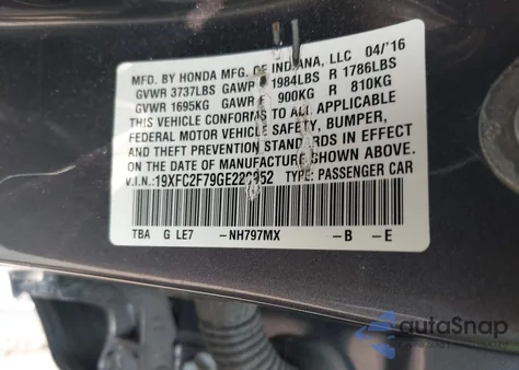 2016 Honda Civic Ex из США, поврежденный, VIN 19XFC2F79GE220952